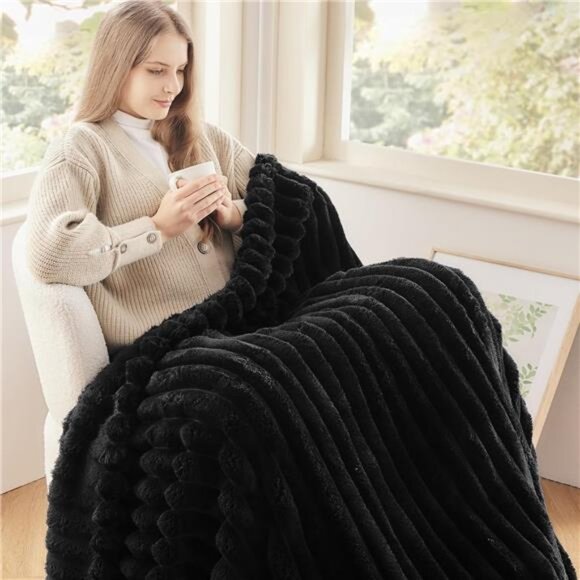 Super Soft Throw Blanket Black Ribbed Premium Silky Flannel Fleece 50"x60" - Picture 3 of 6